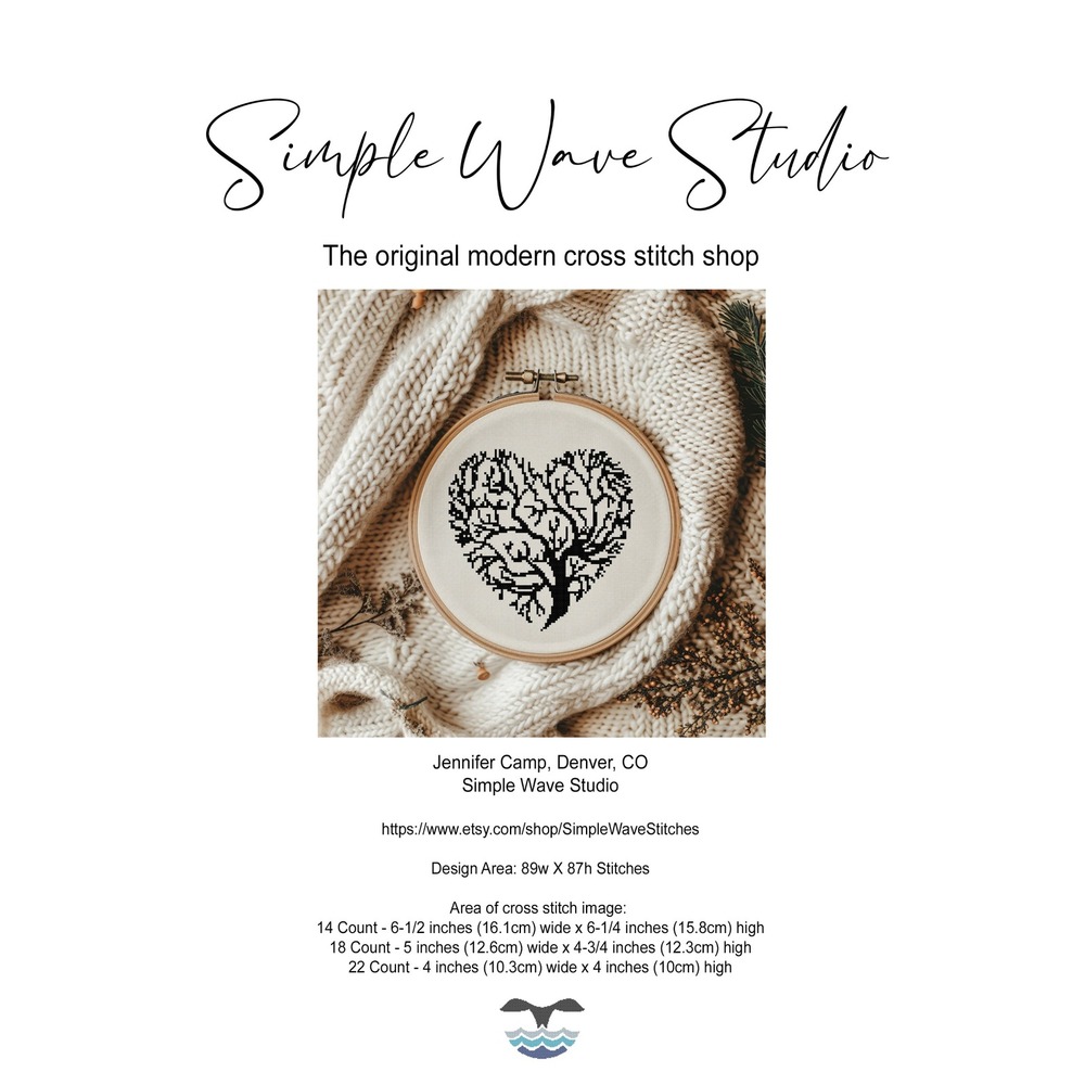 Silhouette Tree of Life in a Heart Black Work Counted Cross Stitch Pattern Chart